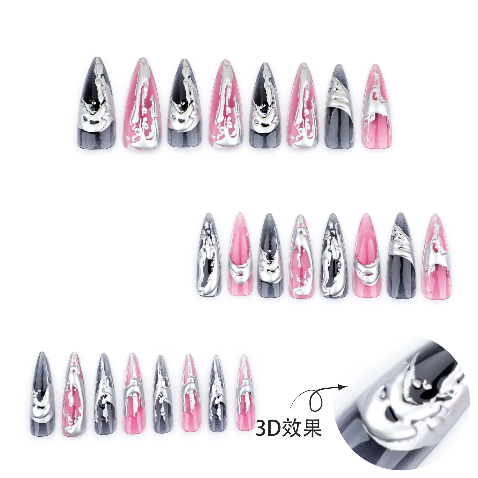 24PCS Stiletto 3D Silver False Nails Cool y2k Nails Black Gradient Fake Nails Charms Designs Finished Long Almond Press On Nails