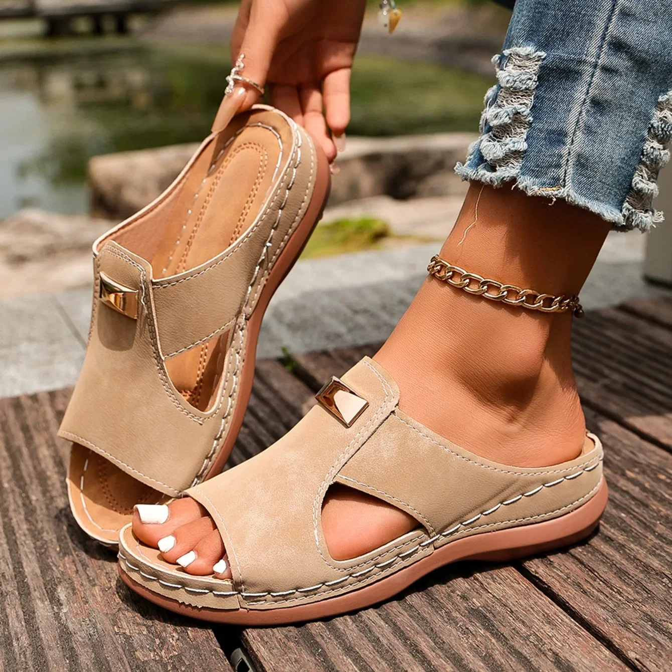 Damen Keilabsatz-Sandalen Sommer Mode-Sandalen Offene Zehen Designer-Sandalen Bequeme Schnallenschuhe Leichte Damen-Slides – Detail 16