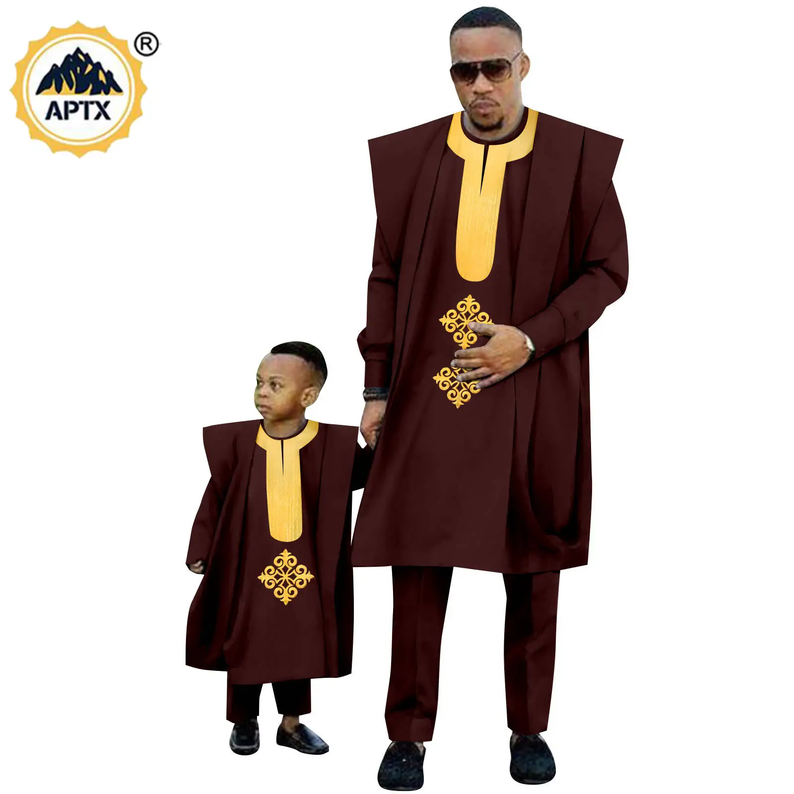 African Clothes Matching Couple Outfits Father and Son 3 Pieces Agbada Suit Bazin Riche Appliques Robe Top and Pant Sets 24F003