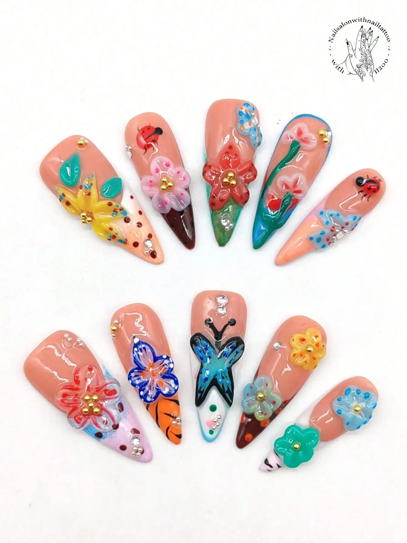 Handmade Press-On Nail Set 10pcs 33mm Length Slim High Heel Pointed Tips French Style Nail Art Pastel Colors with 3D Flower Butt