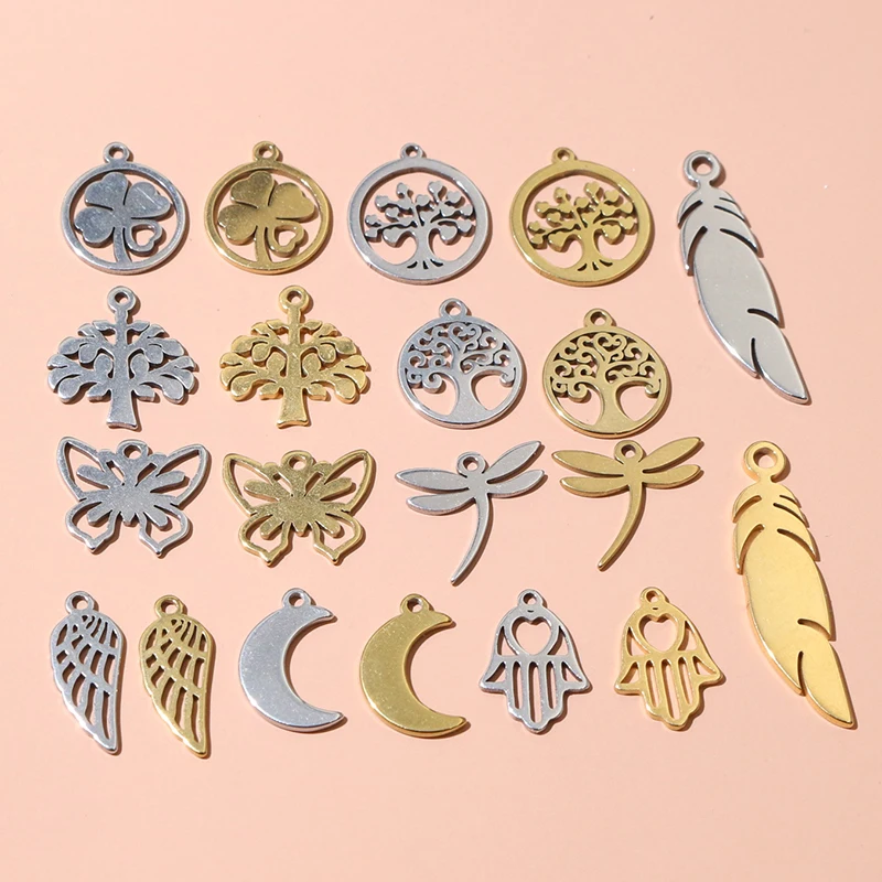 10-30 Stück Edelstahl vergoldet kleine Anhänger Feder baum Schmetterling Charms DIY Schmuck Herstellung Zubehör Ergebnisse