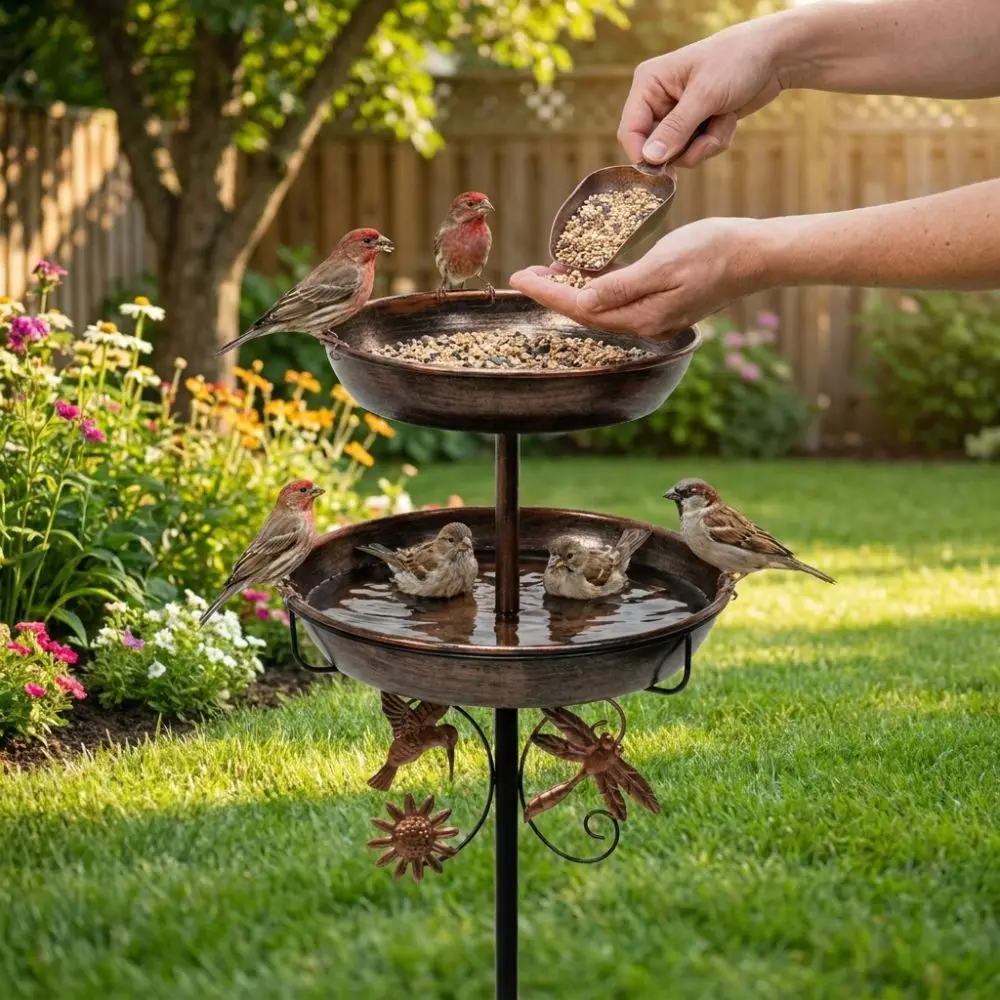 Double Layer Metal Garden Birdbath Vintage Standing Rust-Proof Bird Water Drinker Sturdy 5-Pronged Base Animals Drinking Tray