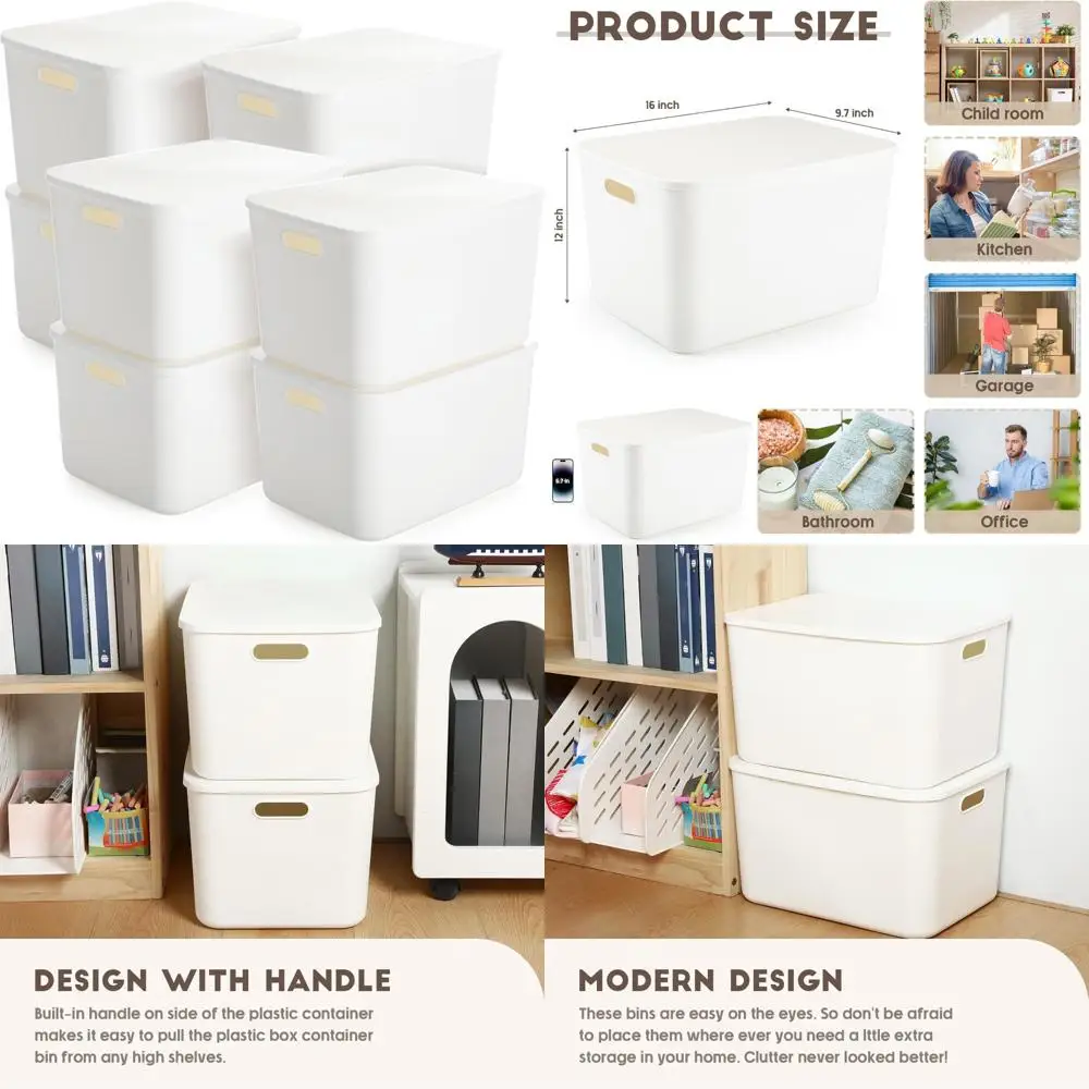 Caixas de armazenamento de plástico branco empilháveis com tampas, conjunto de 8 peças para organizar prateleiras e gavetas