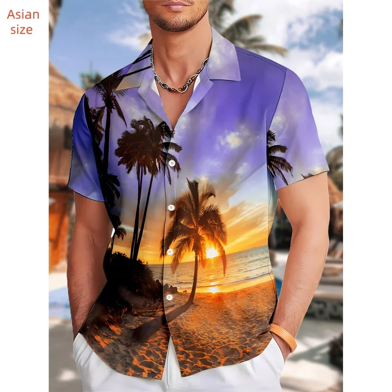 3D Printed Coconut Tree Hawaiian Shirt For Men Colorful Sunset Pattern Blouse Summer Loose Button Lapel Tops Beach Aloha Shirts