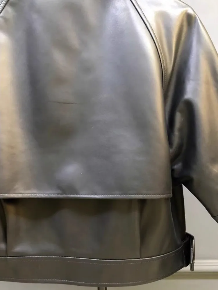 Wysokiej jakości damska odzież robocza Prawdziwa skórzana kurtka Pasek Dwuwarstwowy kołnierz Prawdziwa owcza skóra Długi rękaw Odzież wierzchnia Płaszcz codzienny