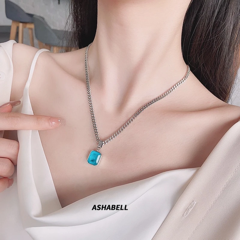 

Fast shipping 925 Silver 5A ZIRCON blue ice out Emerald Cut Pendant Necklace for Women Cuban Chain