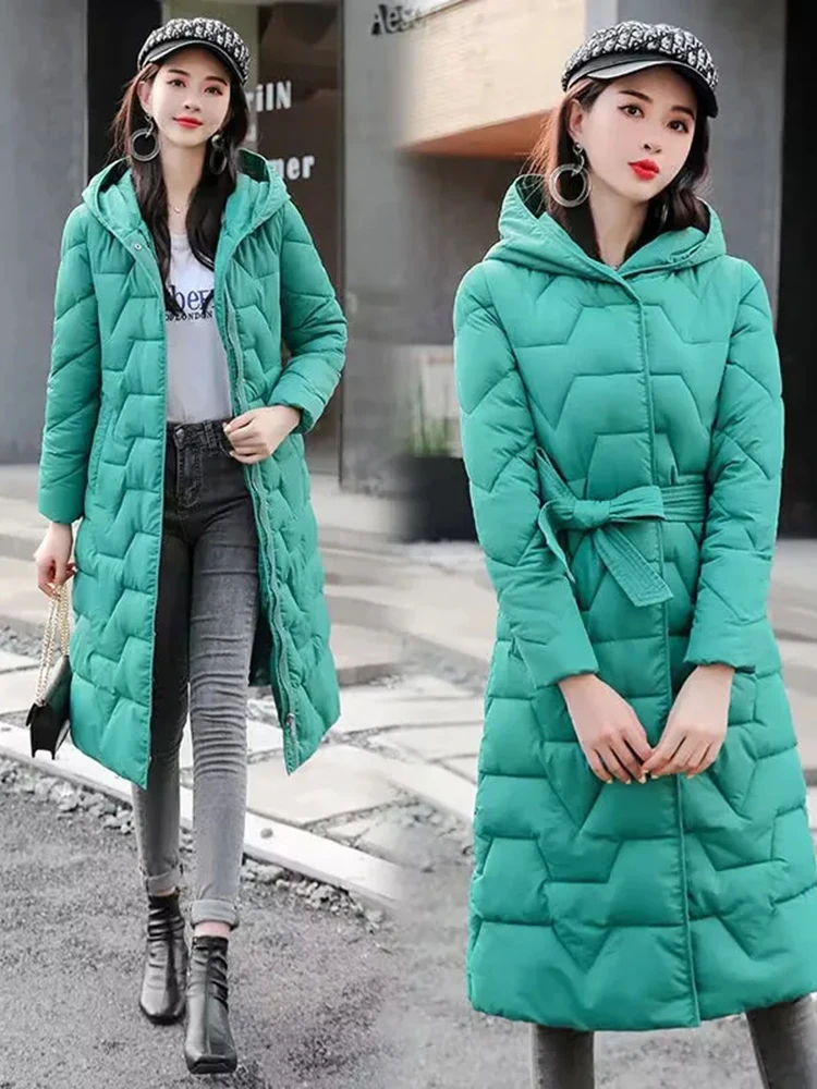 Slim Warm Hooded Lace Up Parkas Chaquetas Chic Fashion Windproof New Coat Casual Solid Cotton Padded Winter Baggy Parca Jaqueta