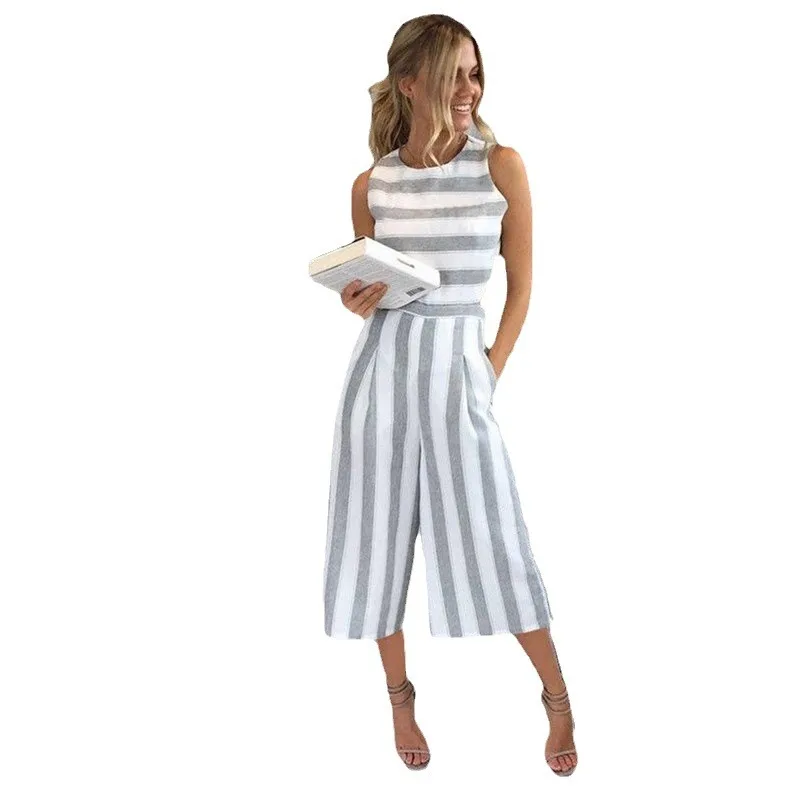 Jumpsuit musim panas wanita Jumpsuit seksi kasual tanpa lengan elegan bergaris celana kaki lebar playsuit celana panjang