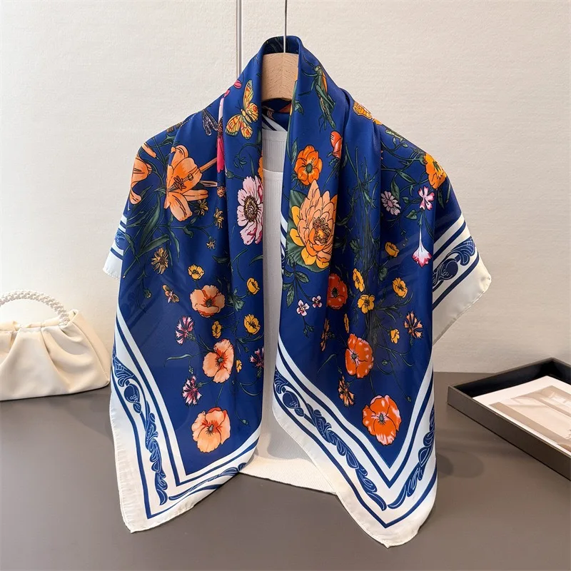 

Женский испанский брендовый дизайнерский шарф, модный садовый шелковый шарф с цветочным принтом, квадратный маленький носовой платок, сумка-снуд, хиджаб, снуд 90*90 см