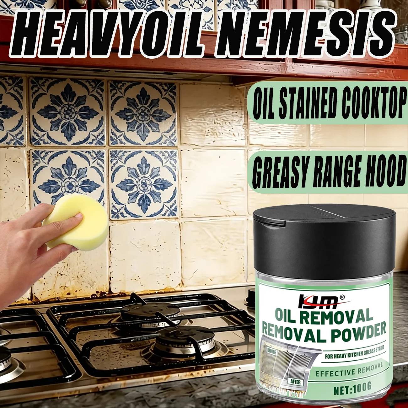 KJM 100G Heavy Grease Removal Powder, Instant Dissolving Kitchen Cleaner For Range Hood, Stove, Sink & Cooktop Oil Stains