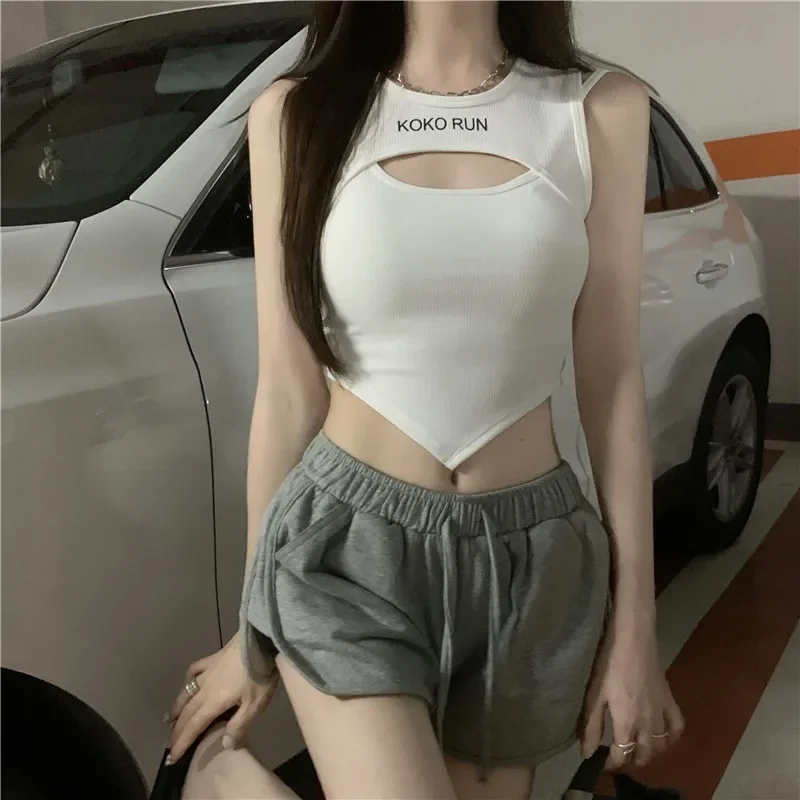 Summer Street Sleeveless Tanks Short Party Hot Tops Women Hollow Out Bra Y2K Female Sexy Camisole Spaghetti Strap Bra Crop Tops