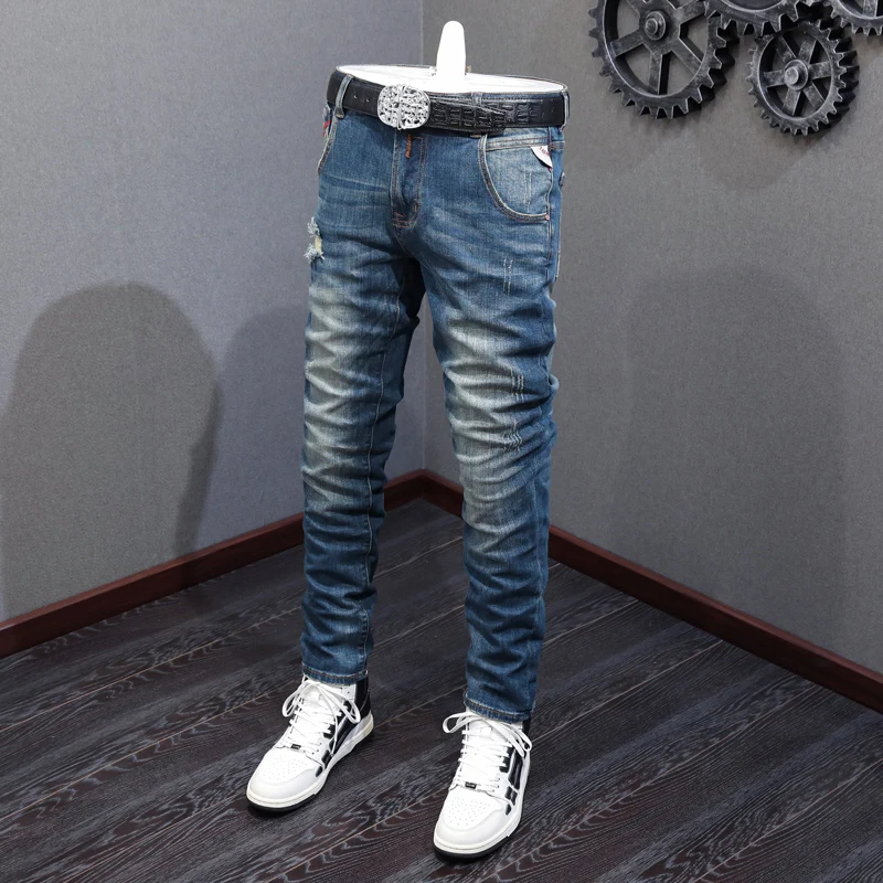 Italian Style Fashion Men Jeans Retro Blue Elastic Slim Fit Hole Ripped Jeans Men Vintage Designer Trousers Denim Pants Hombre