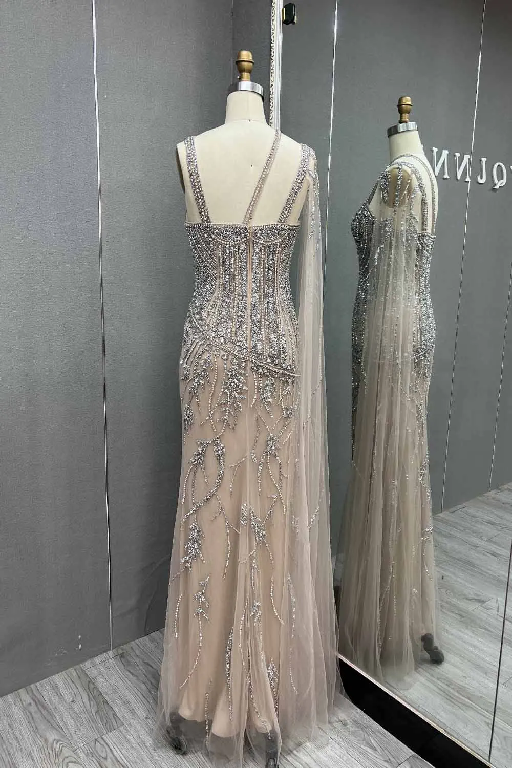 Luxury Nude One Shoulder Rhinestones Evening Dresses High Slit Long Mermaid Tulle Beaded Formal Party Gown Vestidos