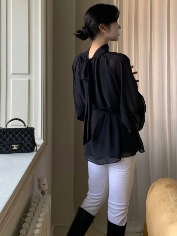 Ele Long Sve irt Damen Chic Early Spring Schlankheitsfliege Stehkragen Bell Sve Pendeln Sle Pure Color irt