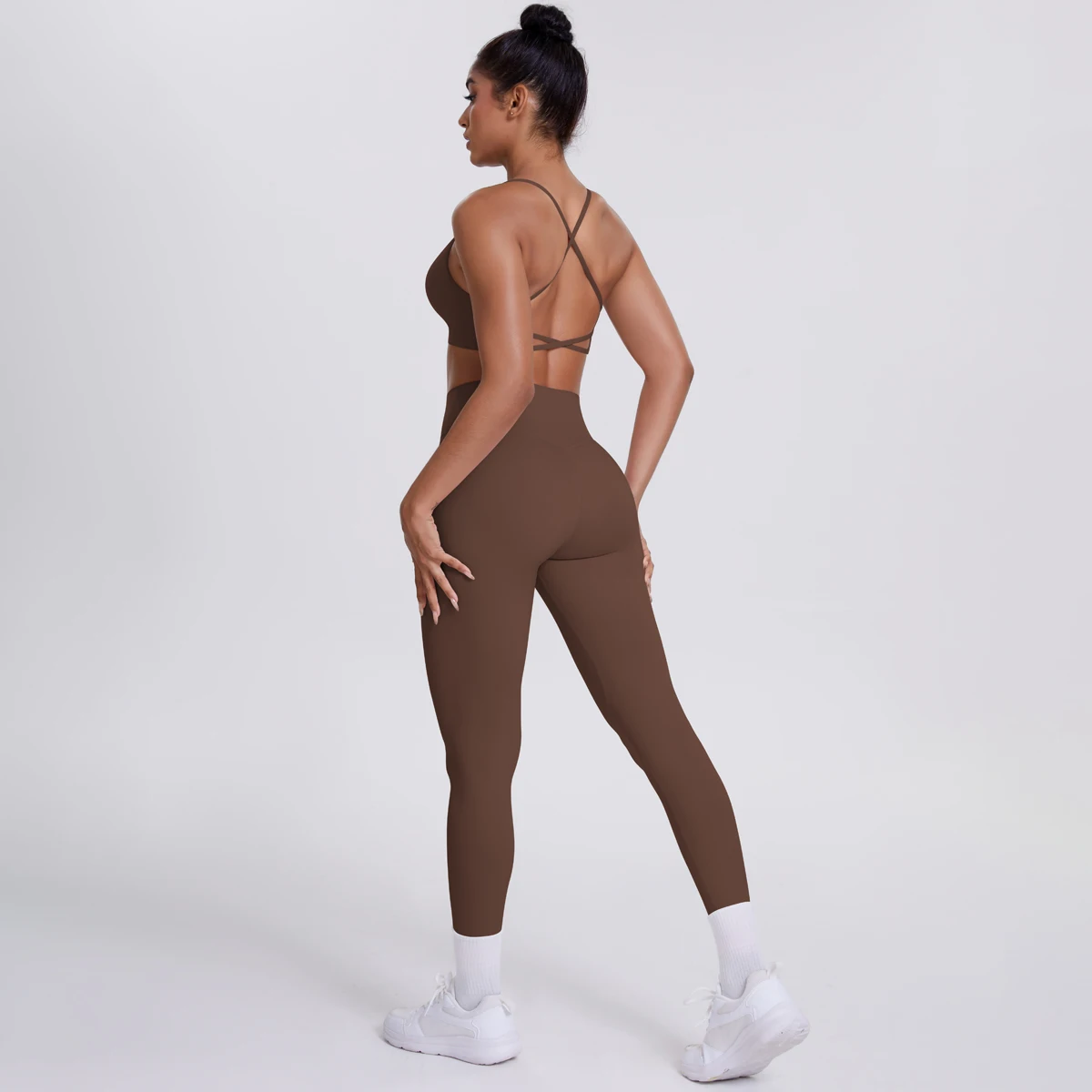 

Летний дышащий однотонный спортивный комплект для йоги для женщин, сексуальный бюстгальтер для йоги с открытой спиной и перекрестными бретелями, штаны для йоги с высокой талией, комплект с бюстгальтером