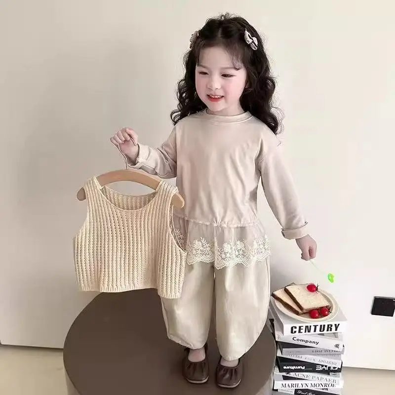 2025 New Style Children's Stylish Vest Bottom Shirt Spring and Autumn 3-Piece Set Kids Outfits Girls' Spring Sweater Set