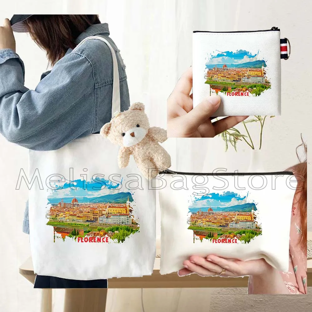 4PCS Gifts Set Florence Italy White Canvas Tote Bag Handbag with Doll Key Coin Purse Cosmetic Makeup Toilet Bag Case Pouch