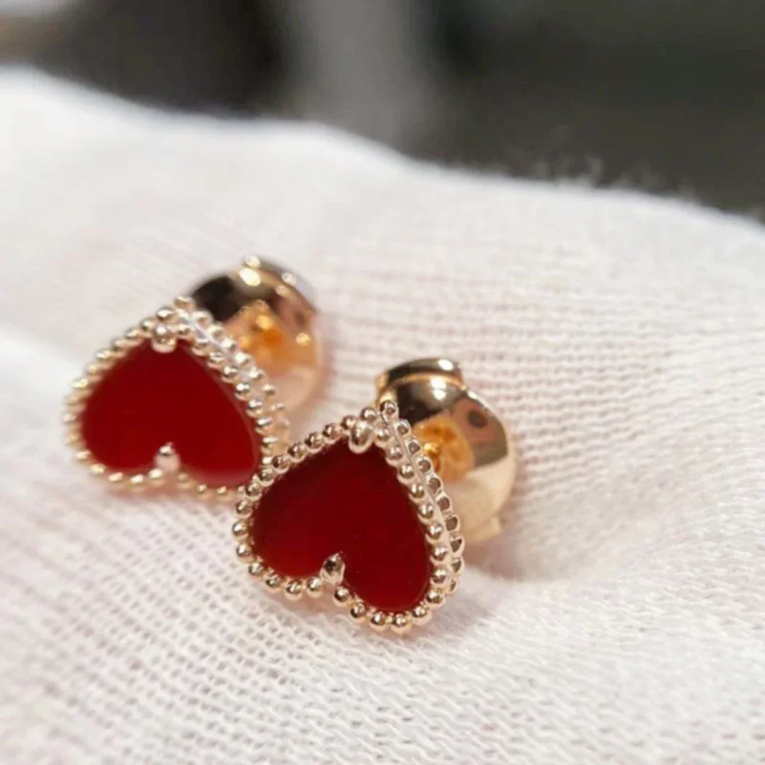 Hot Selling New Rose Gold Red Agate Love Heart-shaped White Fritillaria Earrings For Women Party Luxury Brand Jewelry Gifts