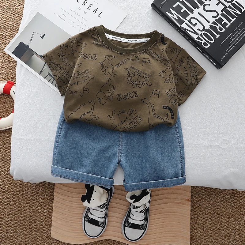 

0-5 years old baby's clothes suits boy casual dinosaur print crew neck T-shirt denim shorts set two-piece set cotton