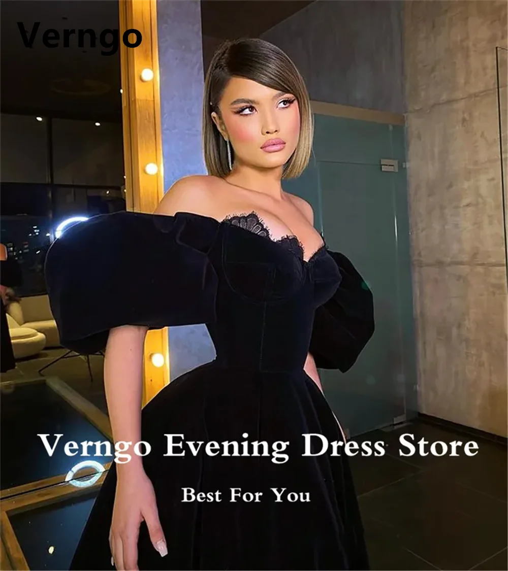 Verngo Black Velvet Prom Dresses Lace Off the Shoulder Evening Dress Ankle Length Women Party Prom Gowns