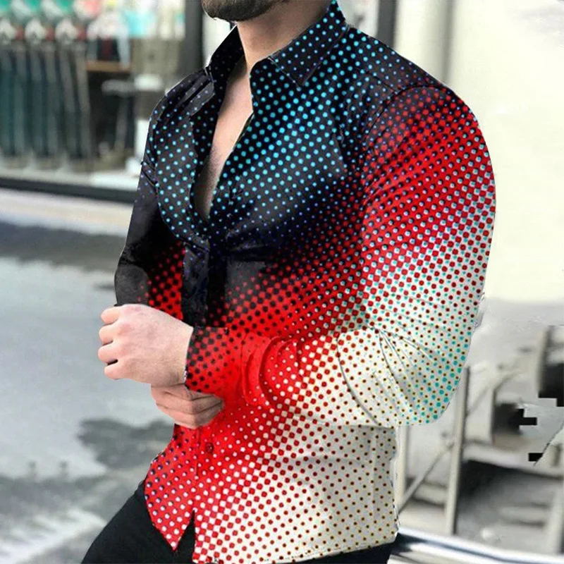 Camisa informal versátil para hombre, camisa de calle de moda, solapa de un solo pecho, manga larga, geométrica, simple