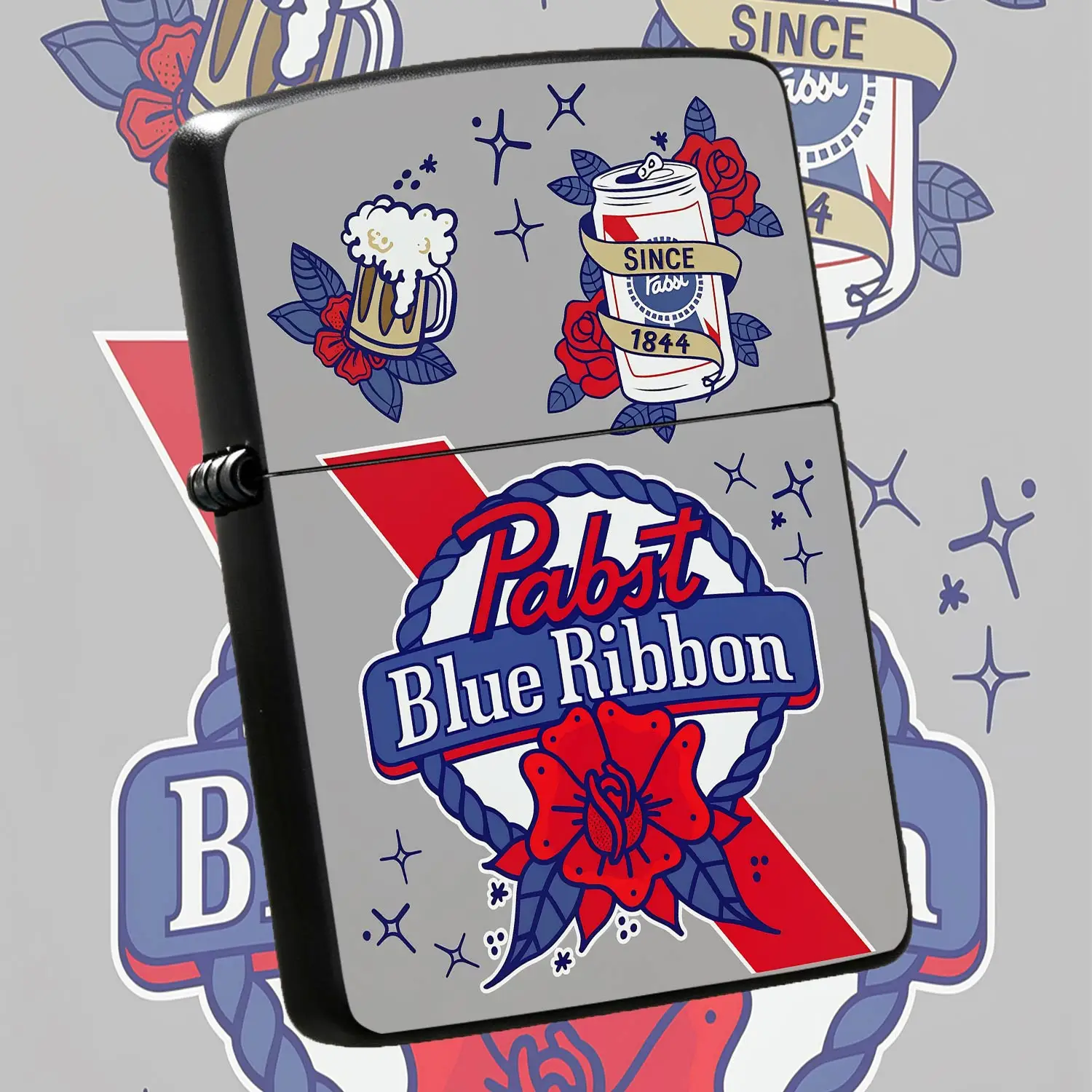 Vintage Pabst Blue Ribbon Themed Lighter, Classic American Tattoo Style Fun Print Design, Portable For Daily Carry, Fits Multiple Scenarios Like Party Camping Gathering, Trendy Unique Decor Item, Ideal For Personal Use A Humorous And Intere