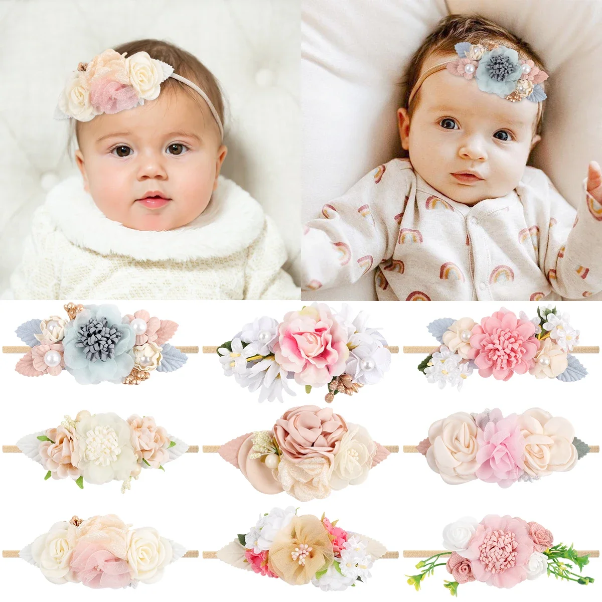 Girls Floral Headbands Hair Ties Newborn Baby Elastic Hairbands Princess Kids Pearl Flower Fresh Style Hair Accessories Headwear