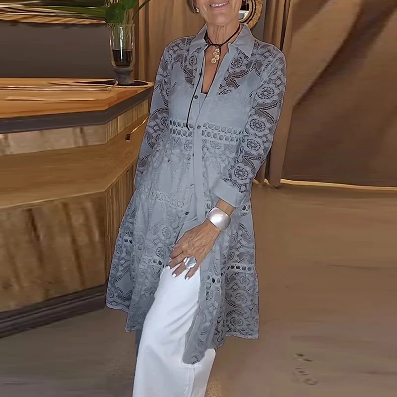 Seksowne koronkowe haftowane bluzki z kwiatami na szydełku Kobieta Eleganckie bluzki z długimi guzikami na klapę Wiosna Pełny rękaw Wydrążone koszule damskie
