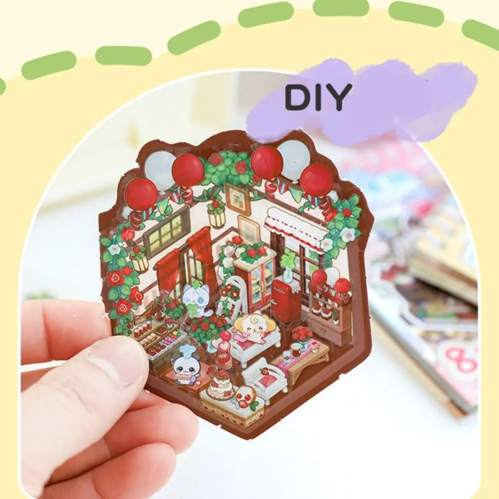 Creative Cartoon Mini 3D Landscape Sticker Book PET DIY Sticker Cabin Scene Miniature House Cabin Scene Pocket Sticker for Kids
