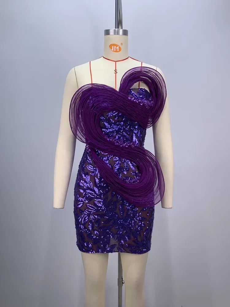 Women Luxury Purple Evening Dress Strapless Sequines Embroidery 3D Mesh Twist Mini Celebrity Party Dresses High Quality