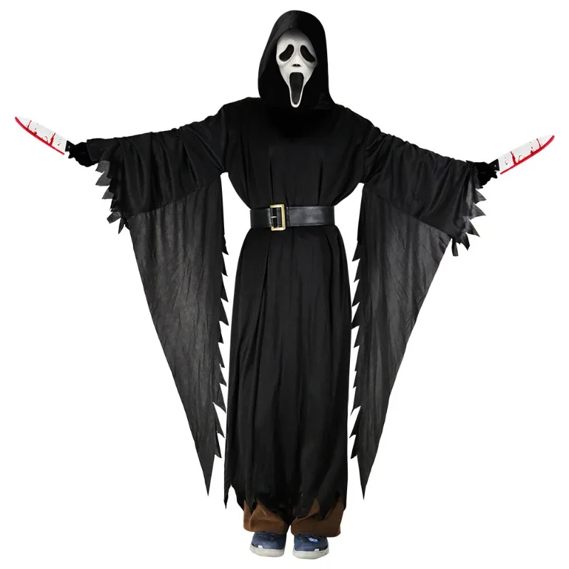 3pcs Halloween Costume Ghost Grim Reaper Screaming Cloak Black Cape Ghost Mask Party Outfit