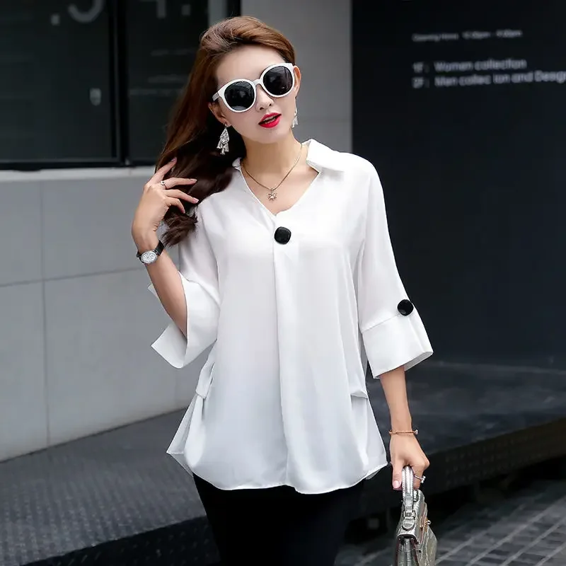 Western Style Large Size Short Sleeved Casual Loose Shirt for Women\'s New Summer Slimming Covering the Belly Quality Chiffon Top