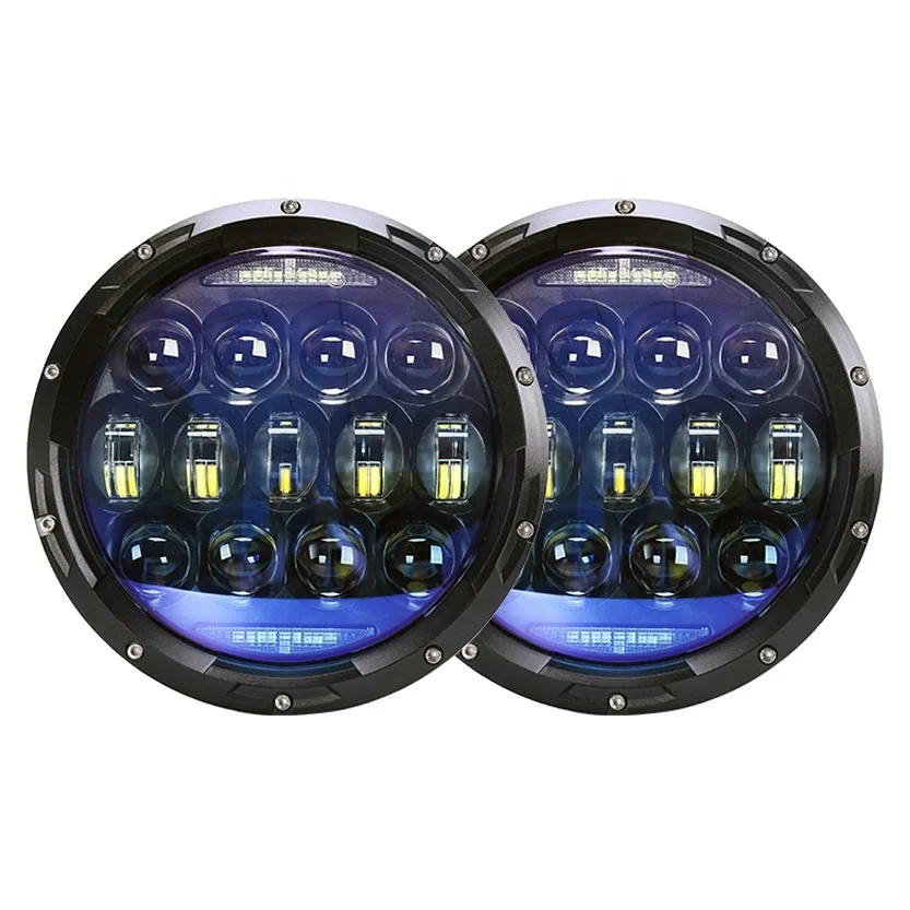 7Inch 130W Round LED Headlights Blue Projector Lens with High Low Beam White DRL Amber Turn Signal for JK CJ