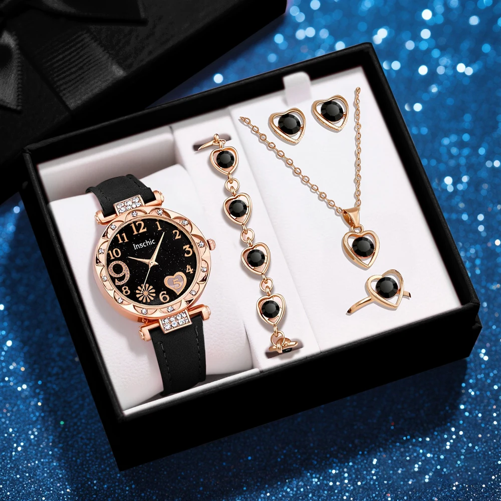 6PCS Simple and Stylish Ladies' Watch PU Leather Strap Quartz Watch with Necklace Accessories Set