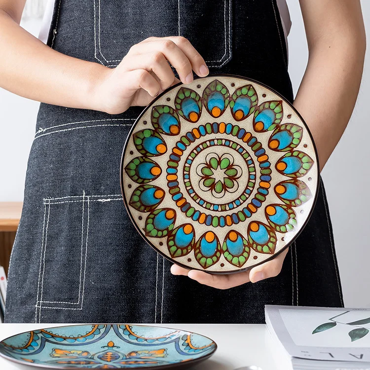 Platos de cerámica creativos, vajilla doméstica, platos de carne, platos occidentales planos redondos pintados a mano europeos