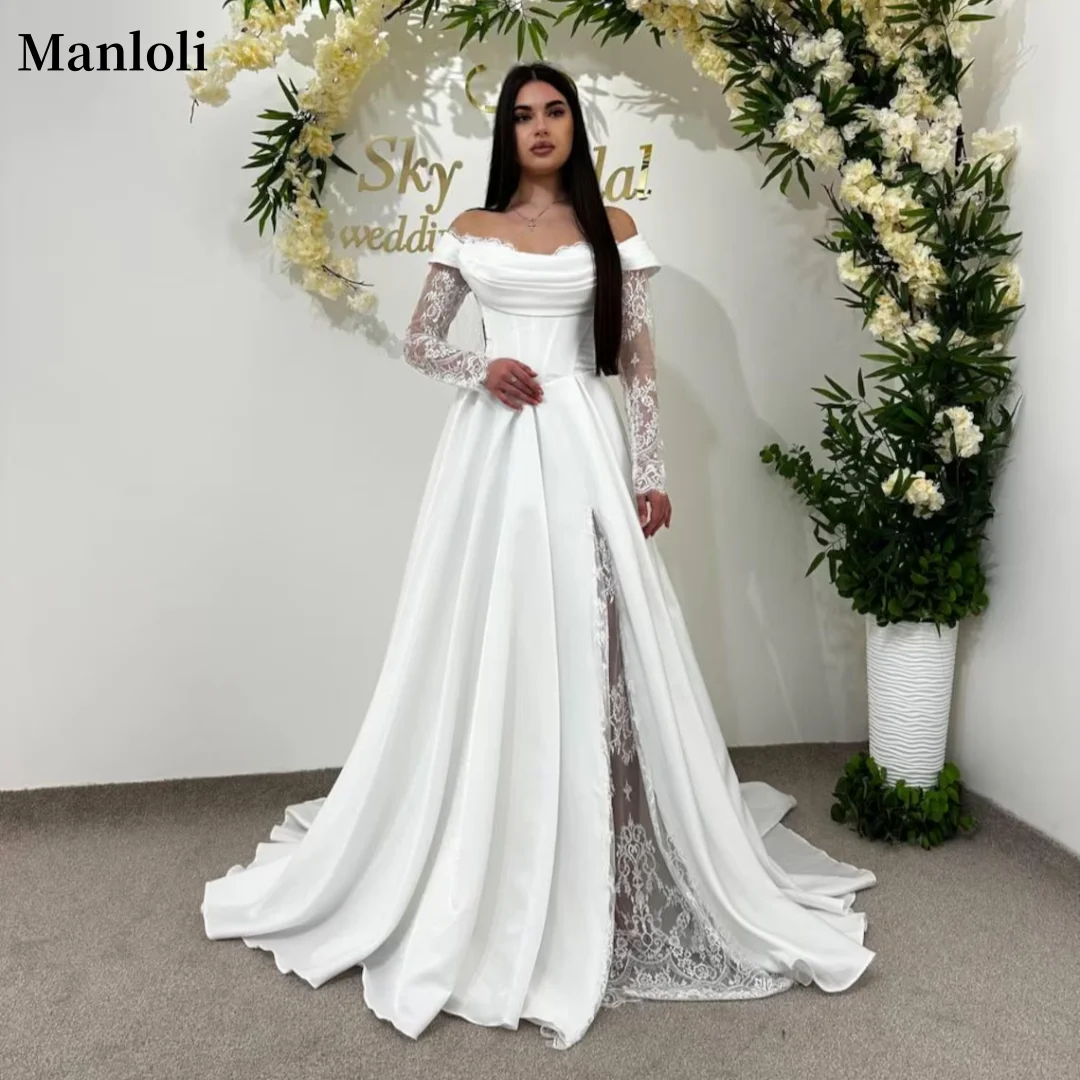 

Elegant Off Shoulder Satin A-line Wedding Dress Lace Long Sleeve High Waist Bride Dress Romantic Palace Wedding Dress Custom