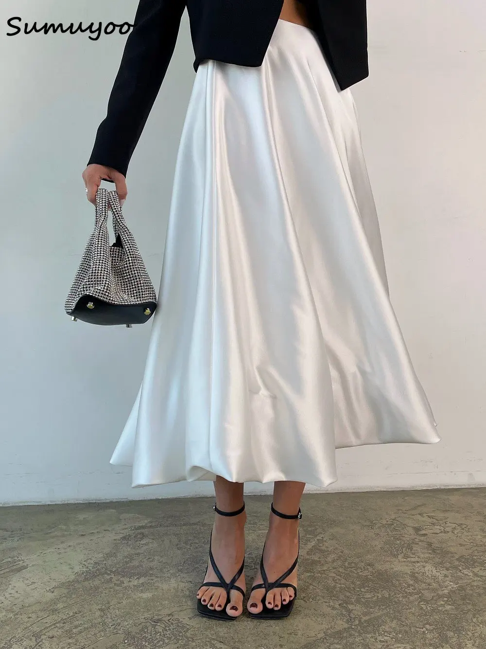 

Sumuyoo Fashion Beige Satin Skirts For Women Elegant High Waist Office Lady Ankle-Length Skirt Casual Loose Skirt Female Clothes