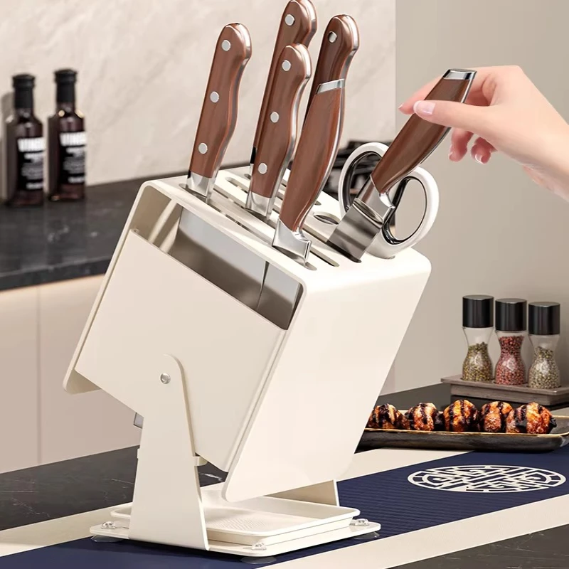 Space Saving Rotating Knife Organizer, All-in-One Countertop Storage for Knives, Utensils & Chopsticks with Drainage