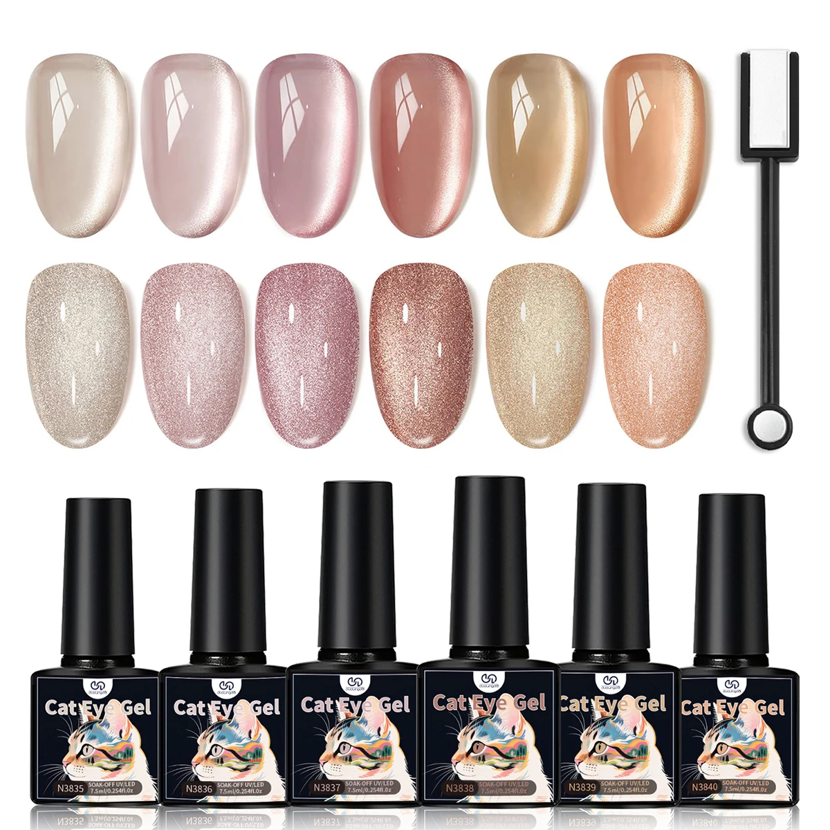 

6 шт., новинка 2025 года, серия лаков для ногтей «кошачий глаз», янтарные стеклянные бусины, магнитный гель-лак для ногтей, дизайн ногтей, золотисто-коричневые ногти