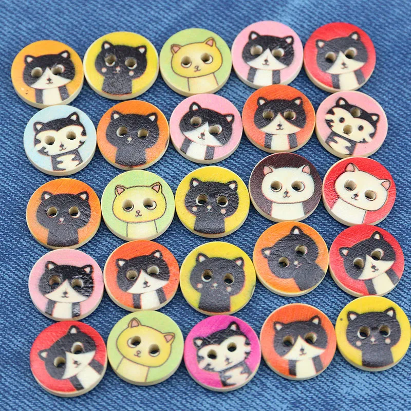 (100pcs/pack) 1.5cm Wooden Cat Pattern Button Printing Cartoon Clothing Sewing Accessories Handmade Decoration Cat Clothes Toy
