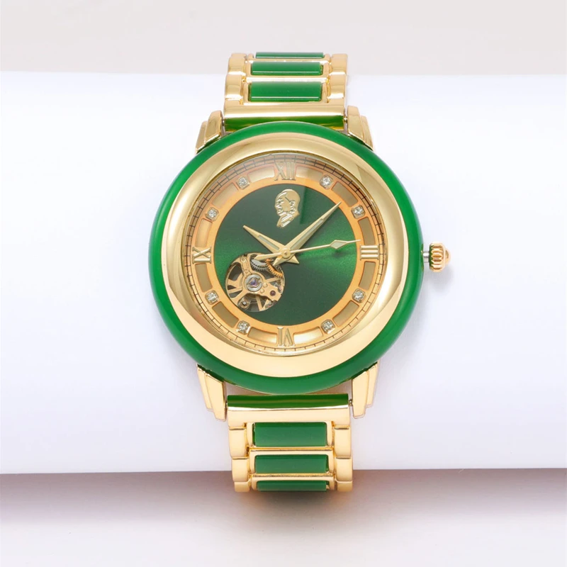 DUGARY Tourbillon mechanical watch men transparent back jade 40mm Wristwatches Salute Chairman Mao Relojes Para waterproof