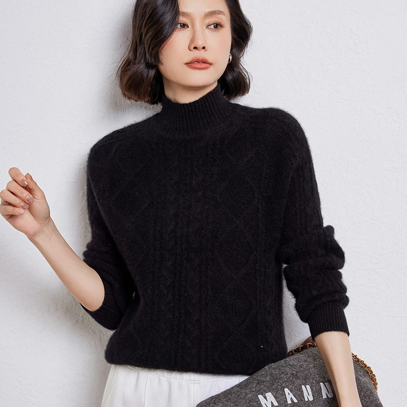 Autumn And Winter New Thick 100% Wool Sweater Women\'s Sweater Semi-High Collar Long Sleeve Pullover Casual Bottoming Shirt Top.