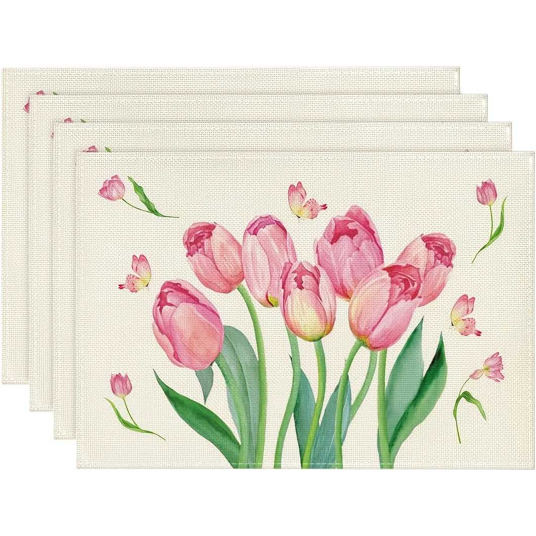 Watercolor Pink Tulip Butterfly Printed Placemats Spring Farmhouse Table Decor Backyard Tea Party Family Gathering Home Gifts