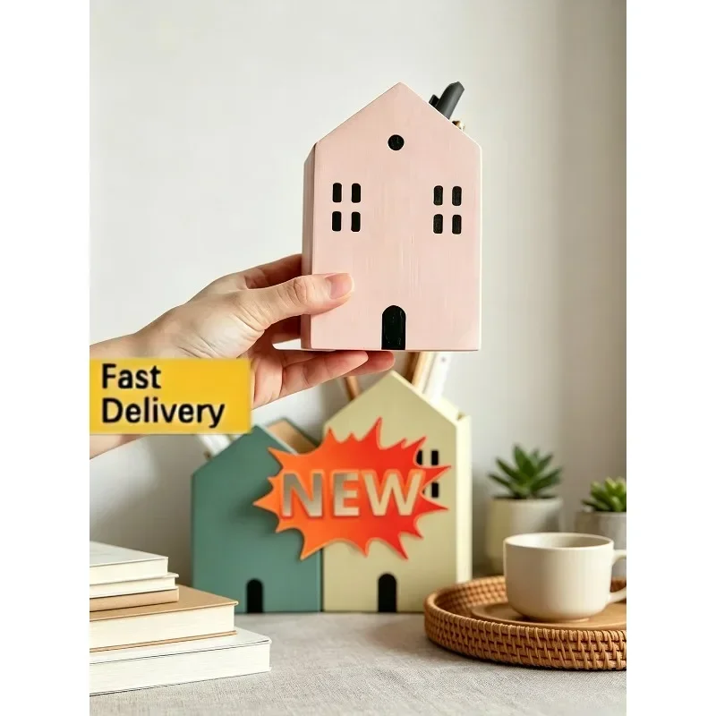 ute Wooden House Shaped Pen Holder, Multi-Purpose Desktop Organizer Storage Box for Pencils Makeup Brushes Student Desk Decor1pc