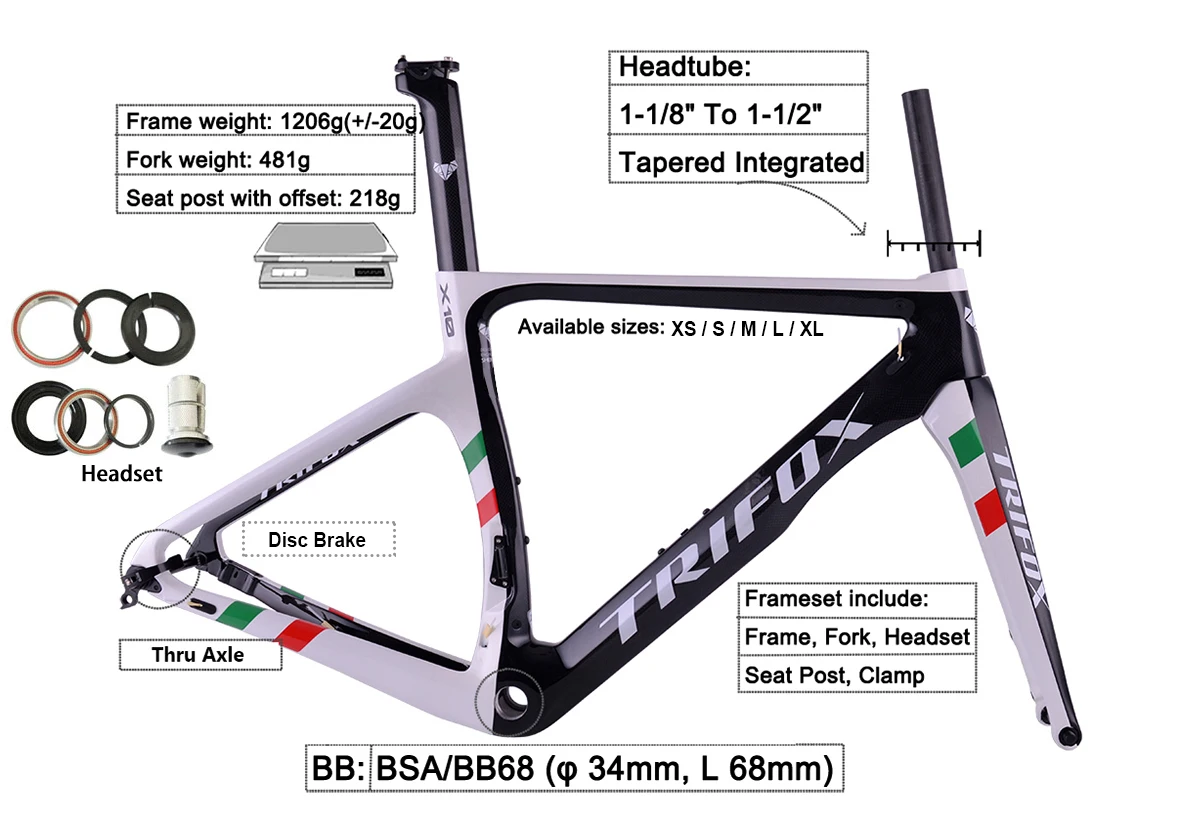 TRIFOX 700C Carbon Road Bicycle Frame with Disc Brake BB68 White Internal Cable Routing Racing Bike Frame Bicycle Accessories