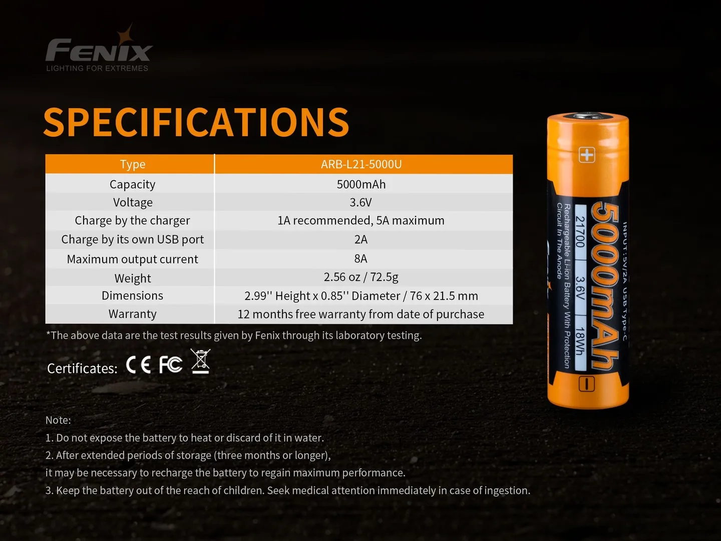 Large Capacity Fenix ARB-L21-5000U Rechargeable 21700 Li-ion Battery with USB Typs-C Charging Interface