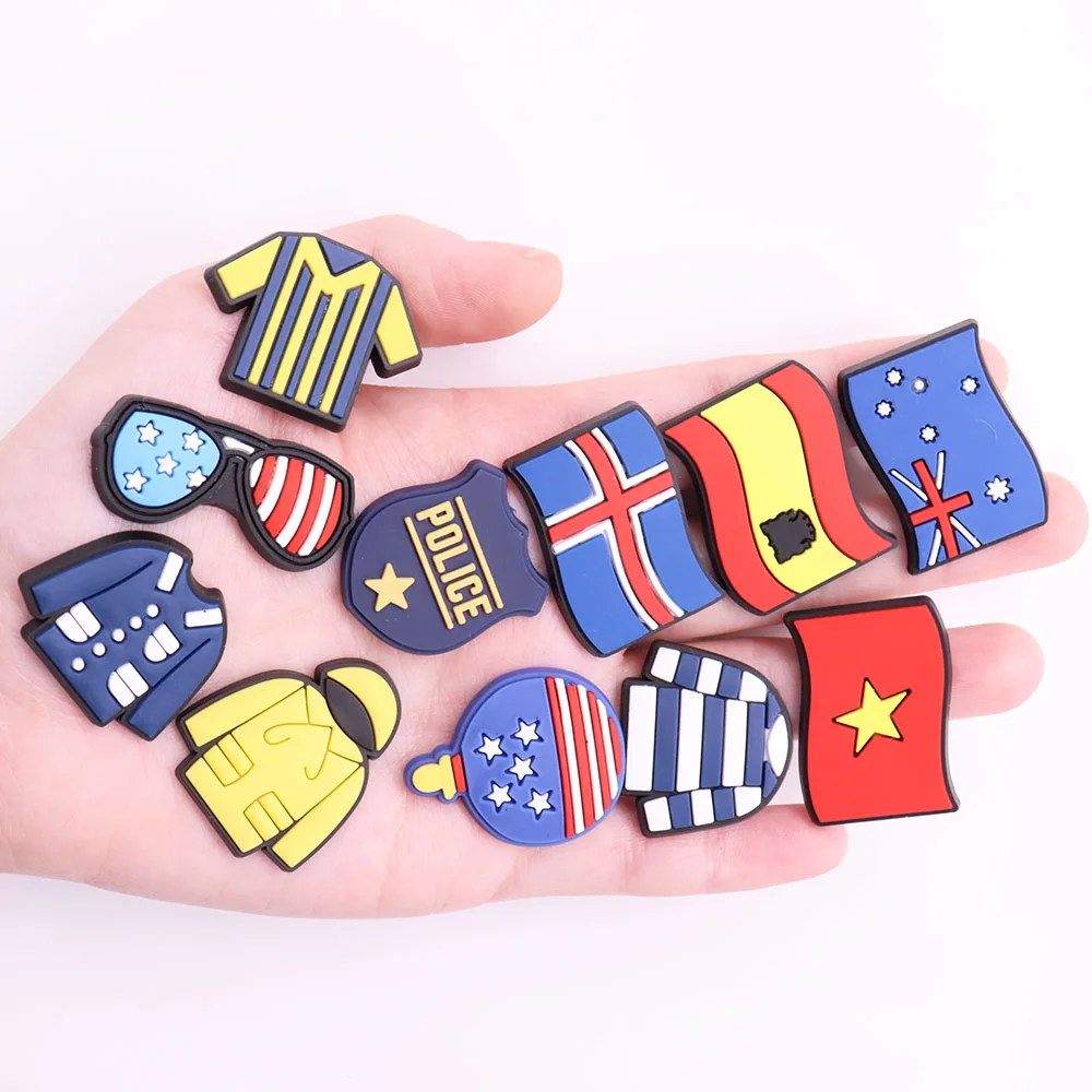 1PCS Glasses Police Badge England T-shirt Iceland Coat Australia Vietnam PVC Shoe Charms Decorations For Clogs Pins Unisex Gift