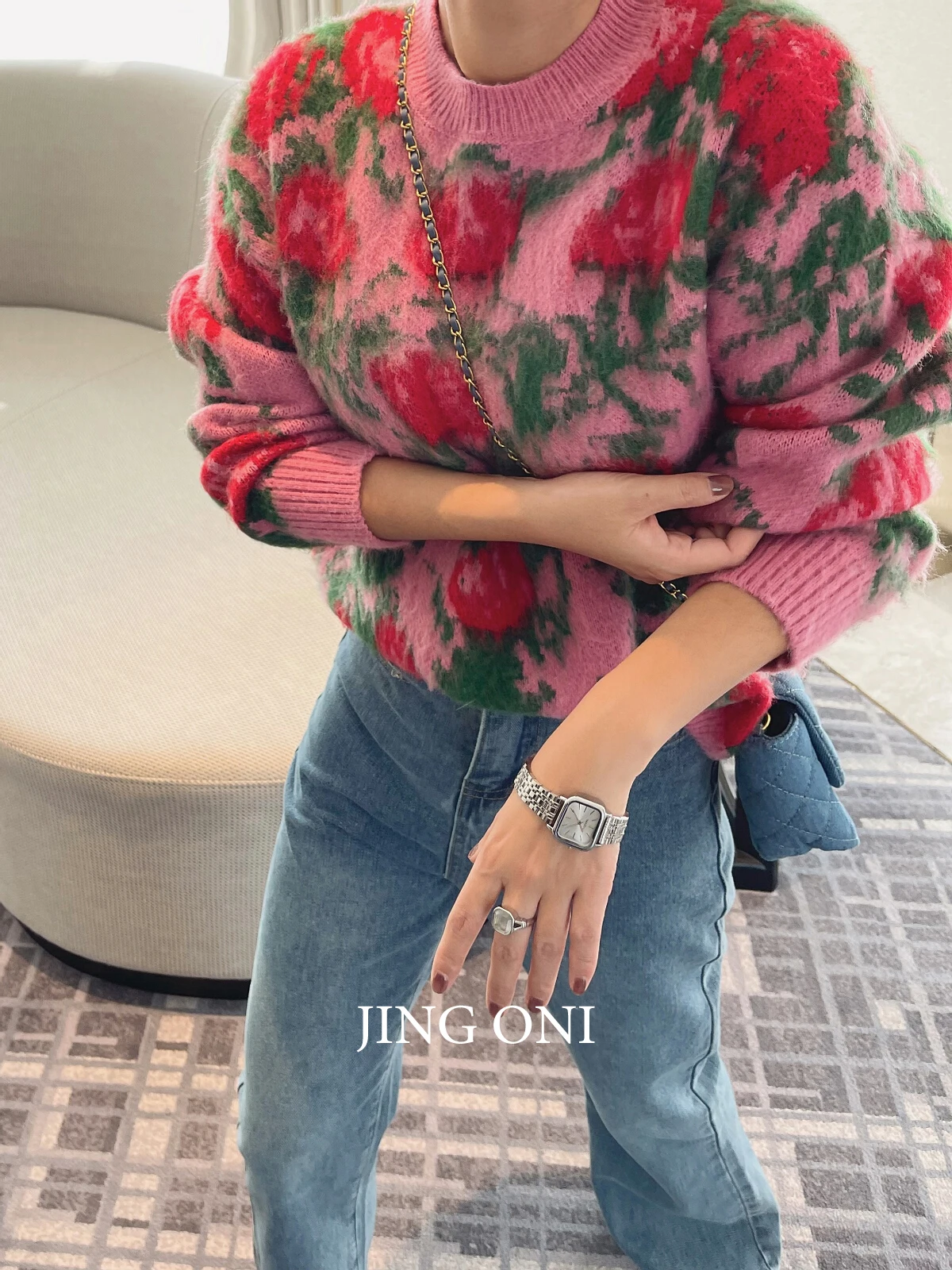 Women Y2k Sweater Top Clothing Long Sleeve Blouse Korean Fashion 2023 Vintage Pullover Knitwears Winter Stylish Crop Floral Pink