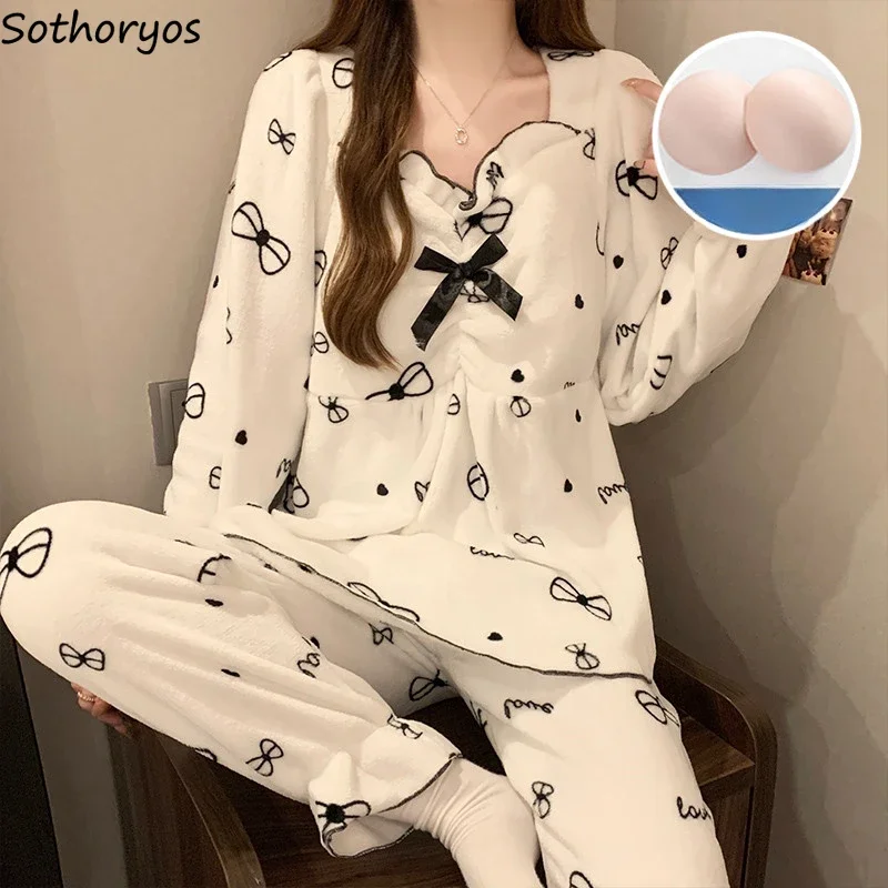 

Pajama Sets Women Bow with Chest Pads Princess Sweet Homewear Flannel Casual Loose Fit Outfits Autumn Winter Sleepwear Cozy Ins