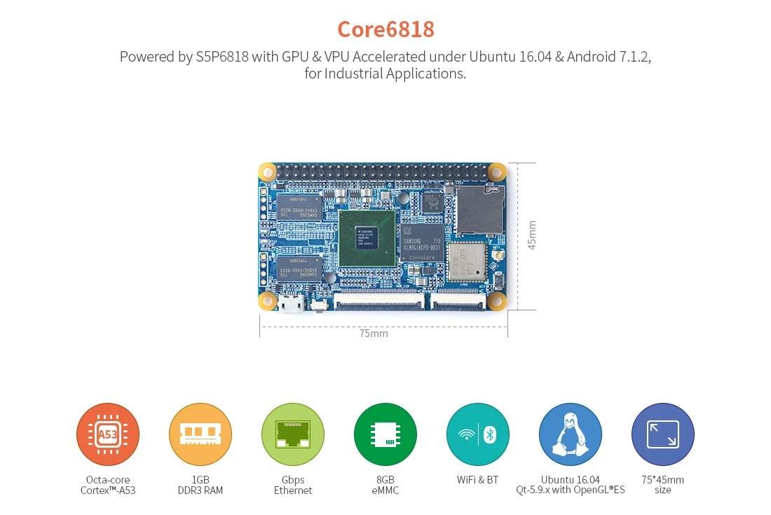 

Core6818 CPU board Kit 1G DDR3 RAM/8G eMMC Quad Cortex-A9 Up1.4GHz,Wifi & Bluetooth,Openwrt Android7.12,Ubuntu16.04,Linux4.4